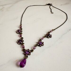 Vintage Avon Purple Floral Crystal Necklace Teardrop Dangle Antique Bronze NIB
